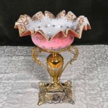 * Pink to White Cased Glass Brides Basket with Fancy Gilt Silver Plate Stand