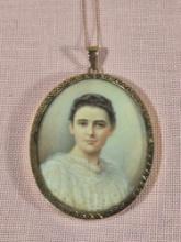 Hand Painted Portrait on Vellum in Gold Filled Setting on 14k Gold Chain