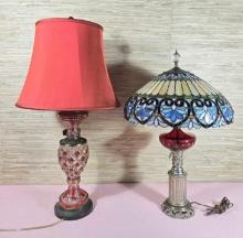 * 2 Glass Based Table Lamps with Fabric and Stained Glass Shades