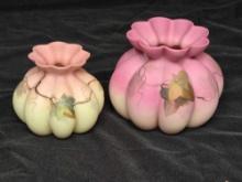 2 Webb Burmese Glass Melon Rib Vases with Hand Painted Ivy