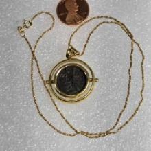 14K Yellow Gold 17" Rope Chain With Bar Kochba Ancient Coin With 18K Yellow Gold Spinning Pendant
