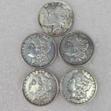 Lot Of 5 US Morgan And Peace Silver Dollars