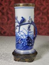 12 1/2" Royal Worcester Porcelain Aesthetic Movement Partial Gilt Blue & White Cylinder Vase