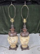 *Pr 1800s Oil Lamps Converted to Electric with Embossed Porcelain Bodies attrib. to Royal Worcester