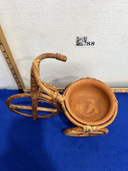 Vtg Wicker Bamboo Tricycle Basket Planter