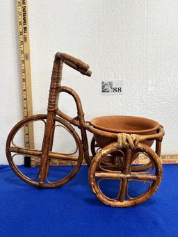 Vtg Wicker Bamboo Tricycle Basket Planter