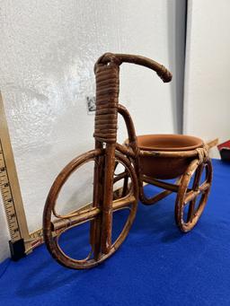 Vtg Wicker Bamboo Tricycle Basket Planter