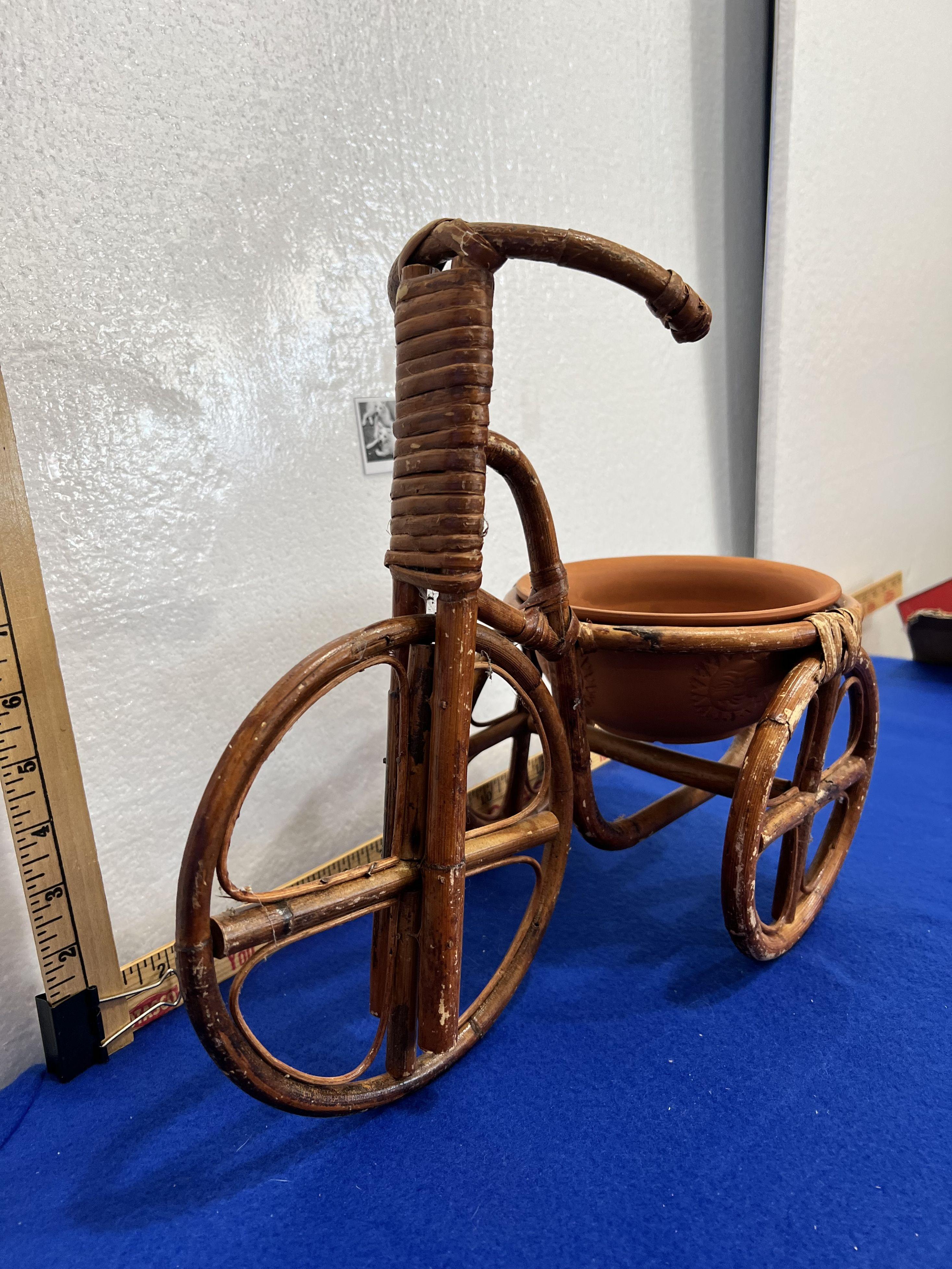 Vtg Wicker Bamboo Tricycle Basket Planter