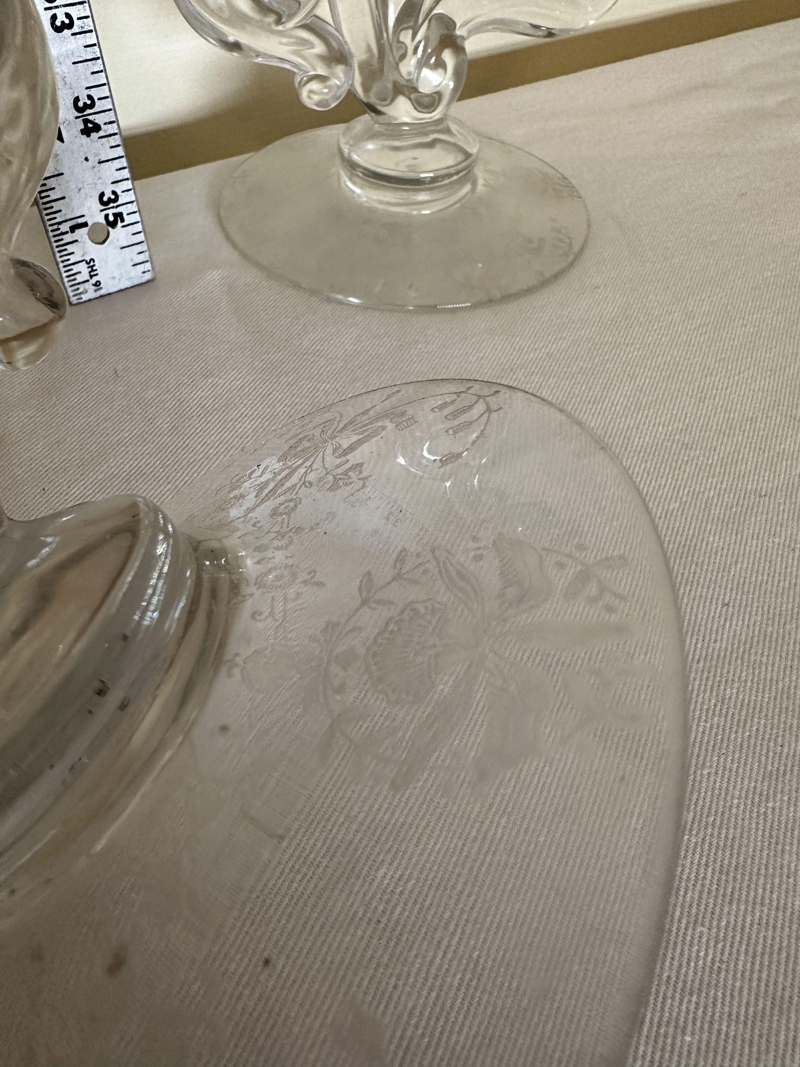 (2) Vintage Glass Candle Holders with Etching