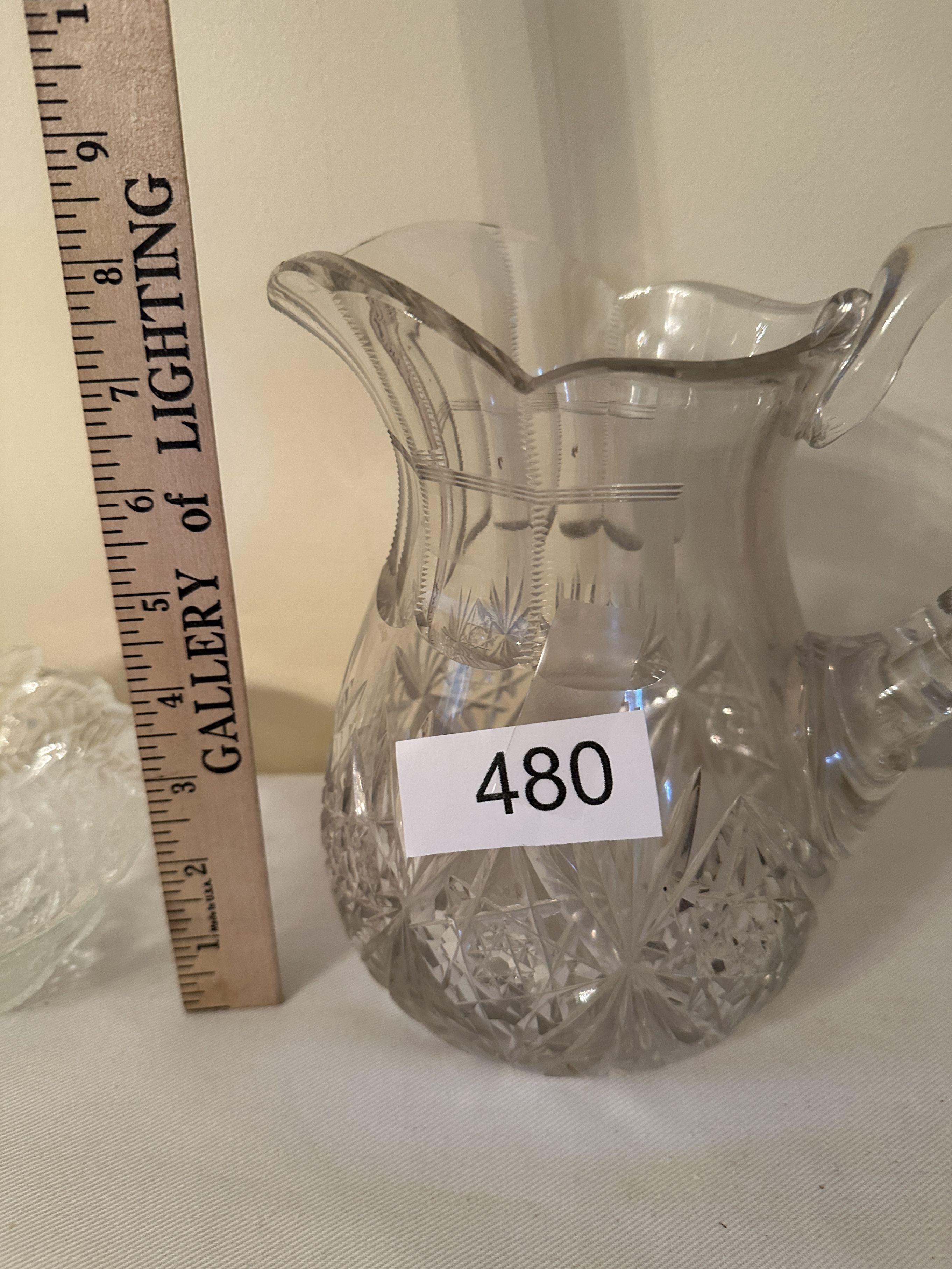 Vintage Heavy Cut Glass Pitcher, Leaf Pattern Serving Dish