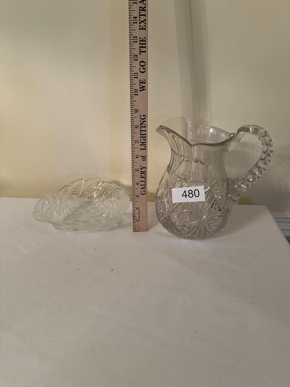 Vintage Heavy Cut Glass Pitcher, Leaf Pattern Serving Dish