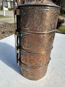 Antique Hand Carved 4 Compartment Copper Tiffin Box/Lunch Box