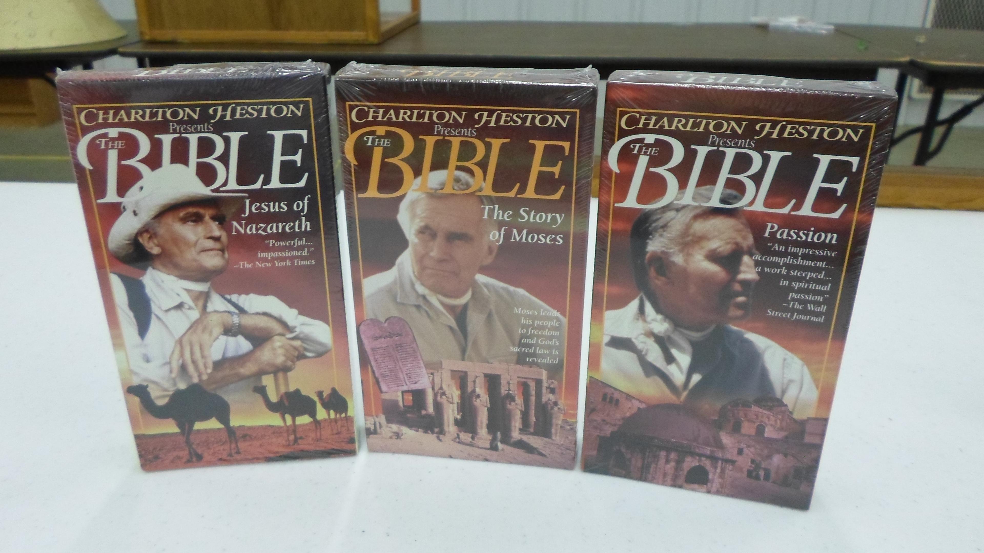 religious films and decor, 3 new vhs the bible by charlton heston and two greatest heroes of the bib