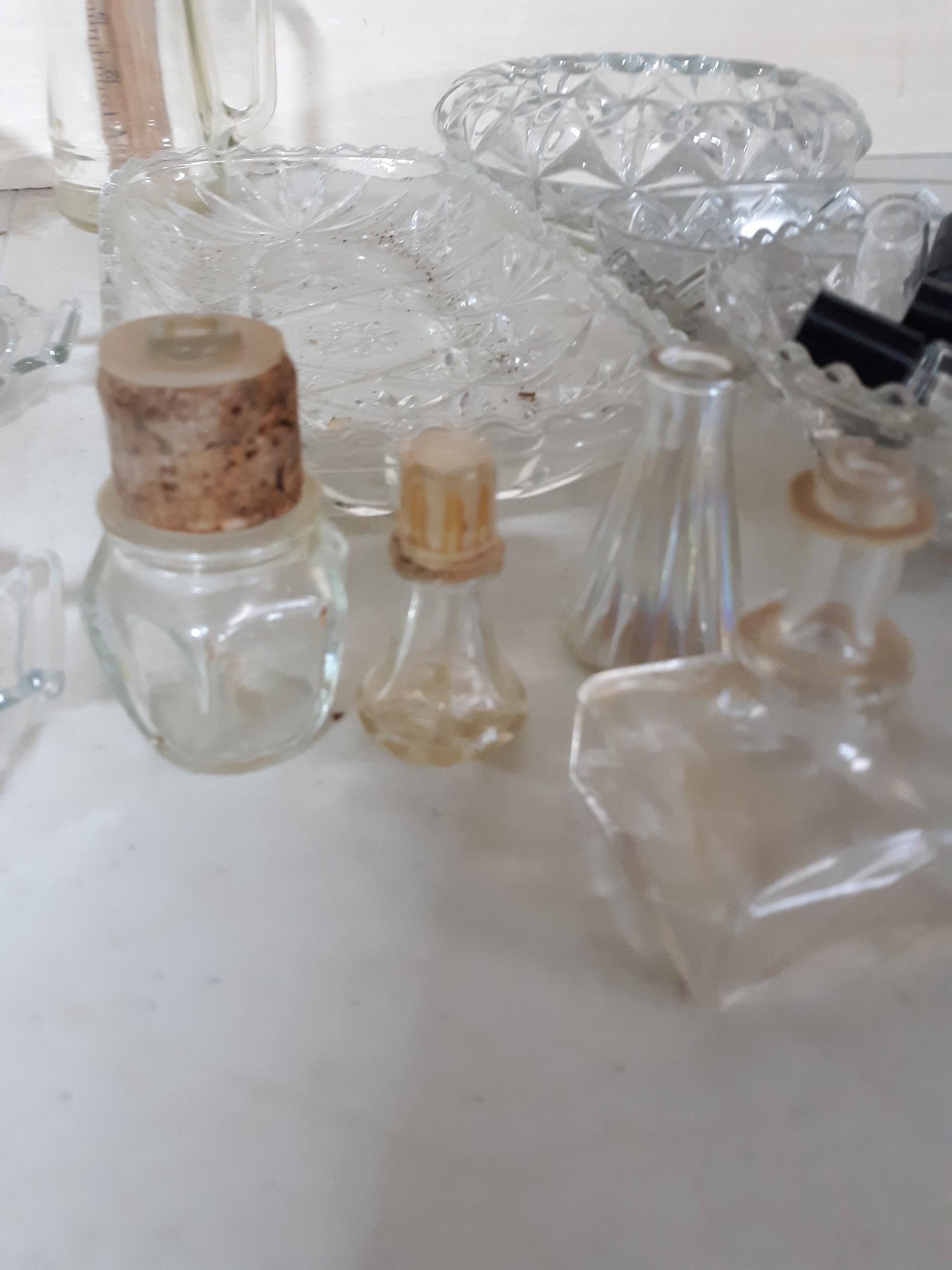 Clear Glass Lot, Small bottles, serving dishes, Ash tray, etc.