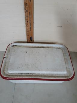 Enamelware Pan with Lid, white w/red trim