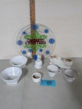 Misc. Lot, Glass Tray , bowls, bell, cups, etc.