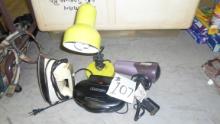 electroncis, desk lamp, conair hair dryer, electric grill and iron
