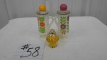 avon bottles, frog on mushroom and floral bottles