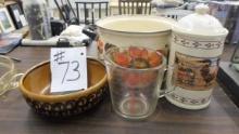kitchen lot glasbake measuring cup, made in italy floral stewpot, clay bowl and chicken cannister