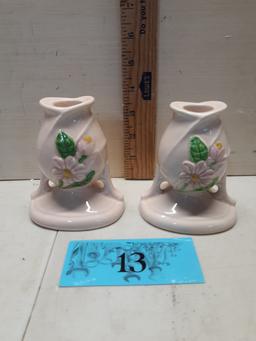 Hull Pink Magnolia Candle Sticks, one has small chip