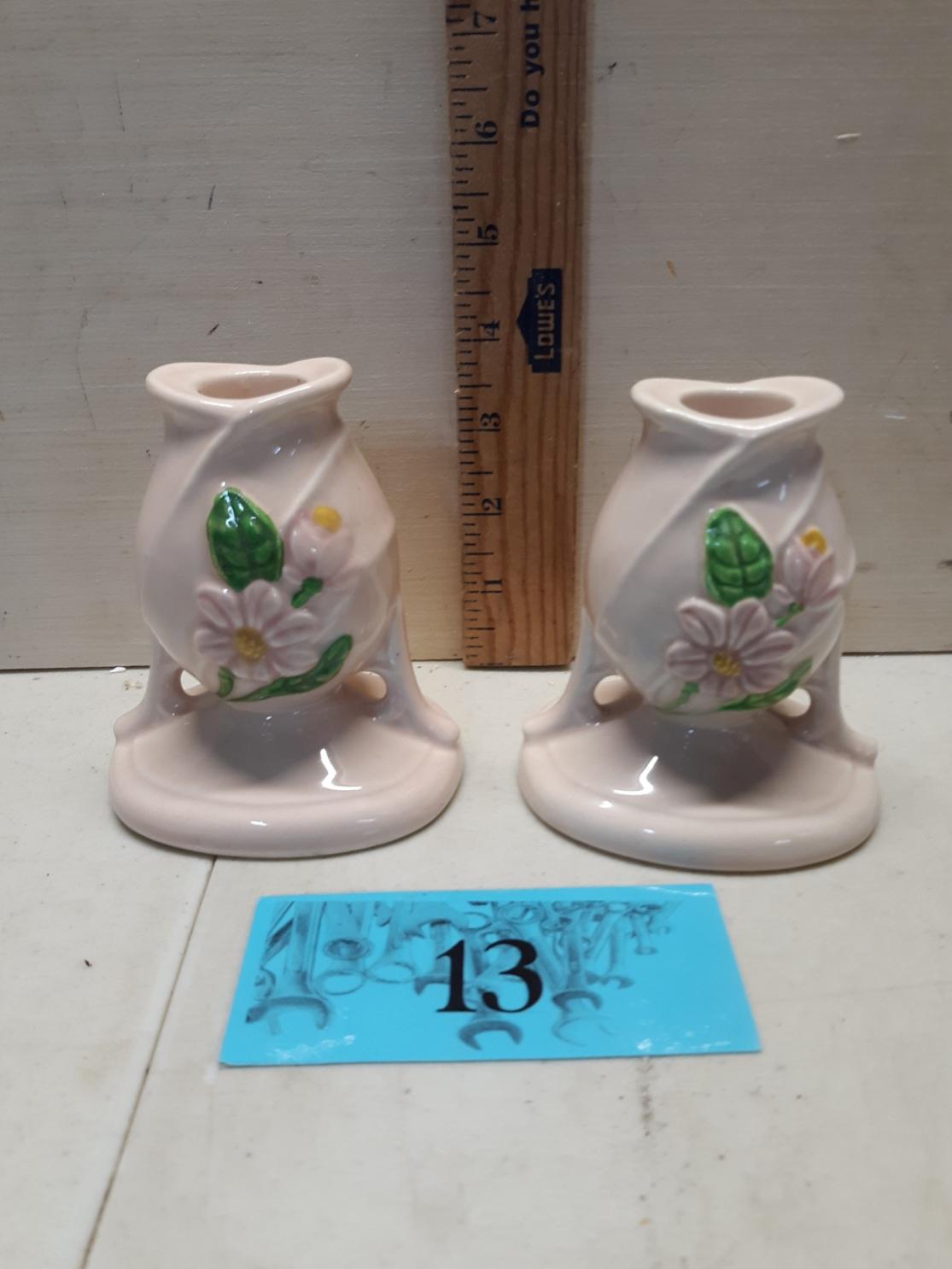 Hull Pink Magnolia Candle Sticks, one has small chip