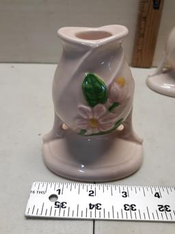 Hull Pink Magnolia Candle Sticks, one has small chip