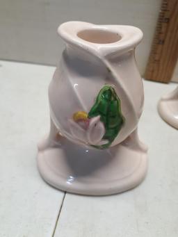 Hull Pink Magnolia Candle Sticks, one has small chip
