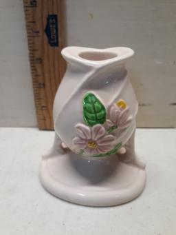 Hull Pink Magnolia Candle Sticks, one has small chip
