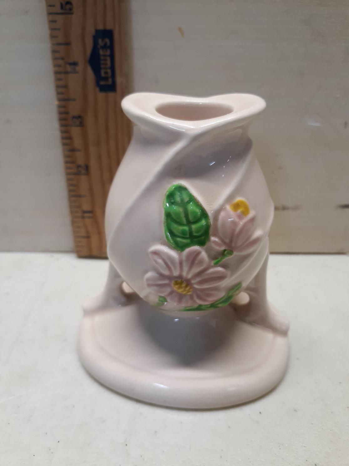 Hull Pink Magnolia Candle Sticks, one has small chip