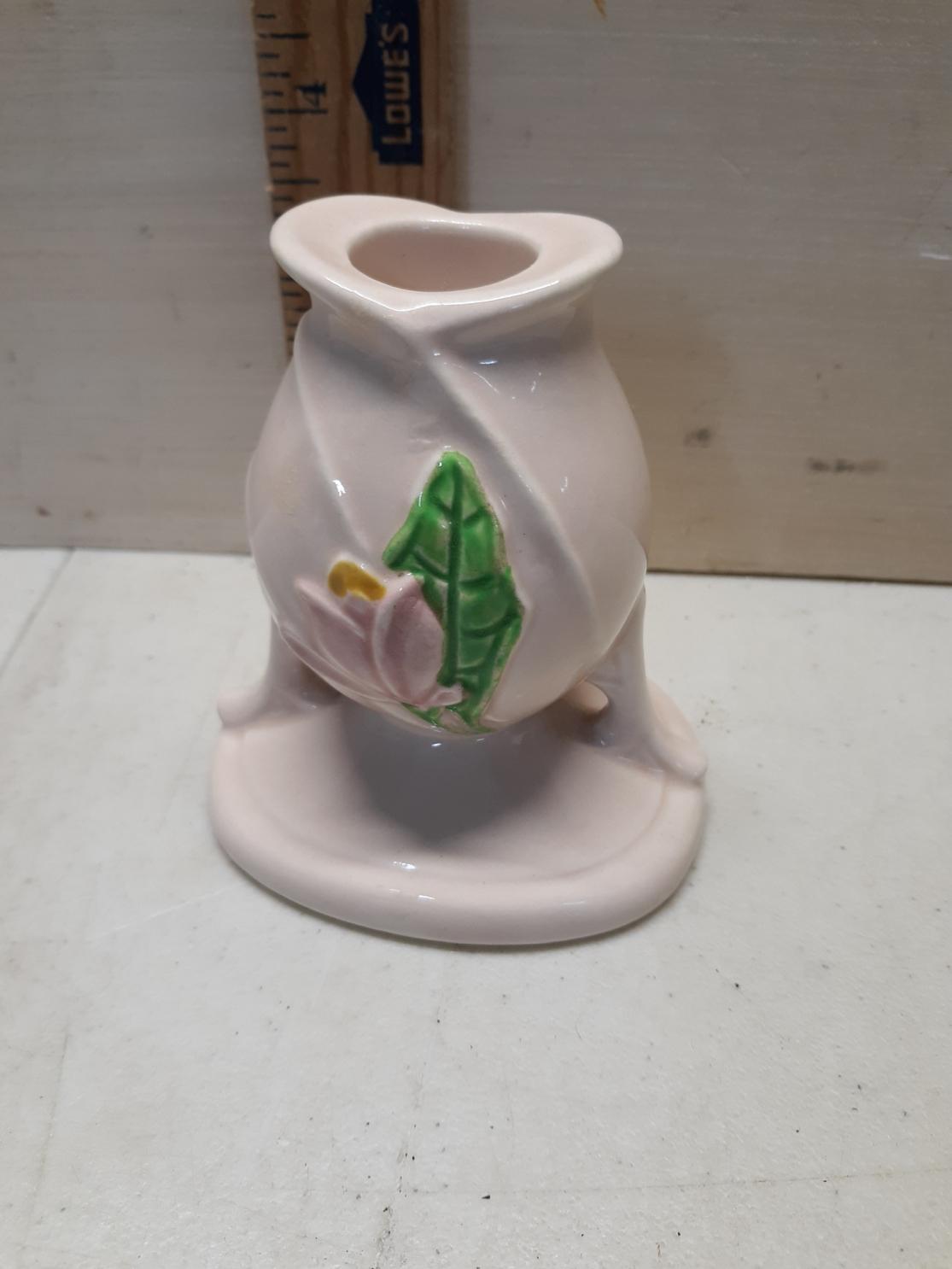Hull Pink Magnolia Candle Sticks, one has small chip