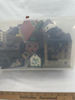 Tote Full of Railroad Track Plastic Buildings