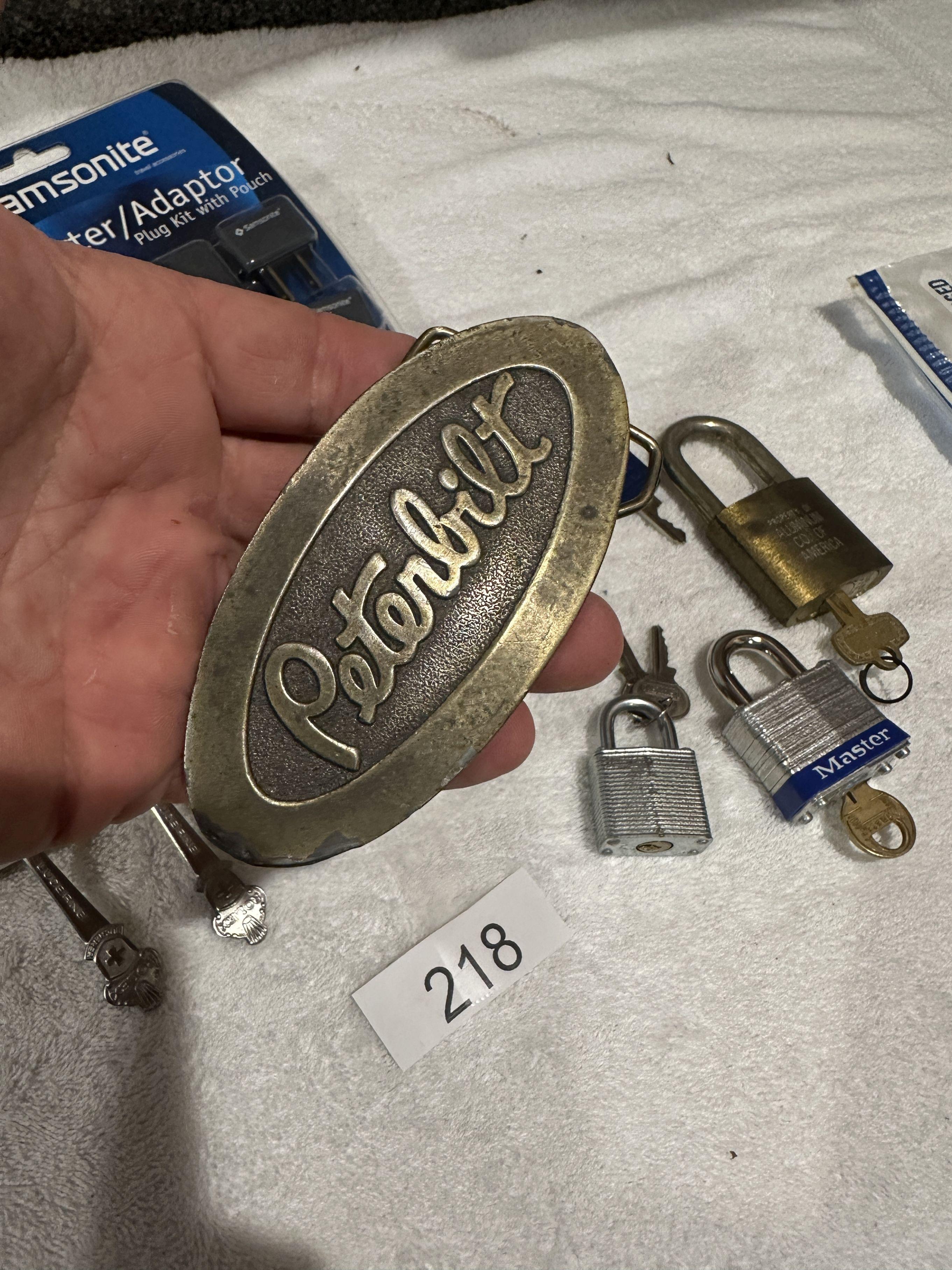 Box Lot/Pad Locks, ROLEX Spoons, Peterbilt Belt Buckle, ETC