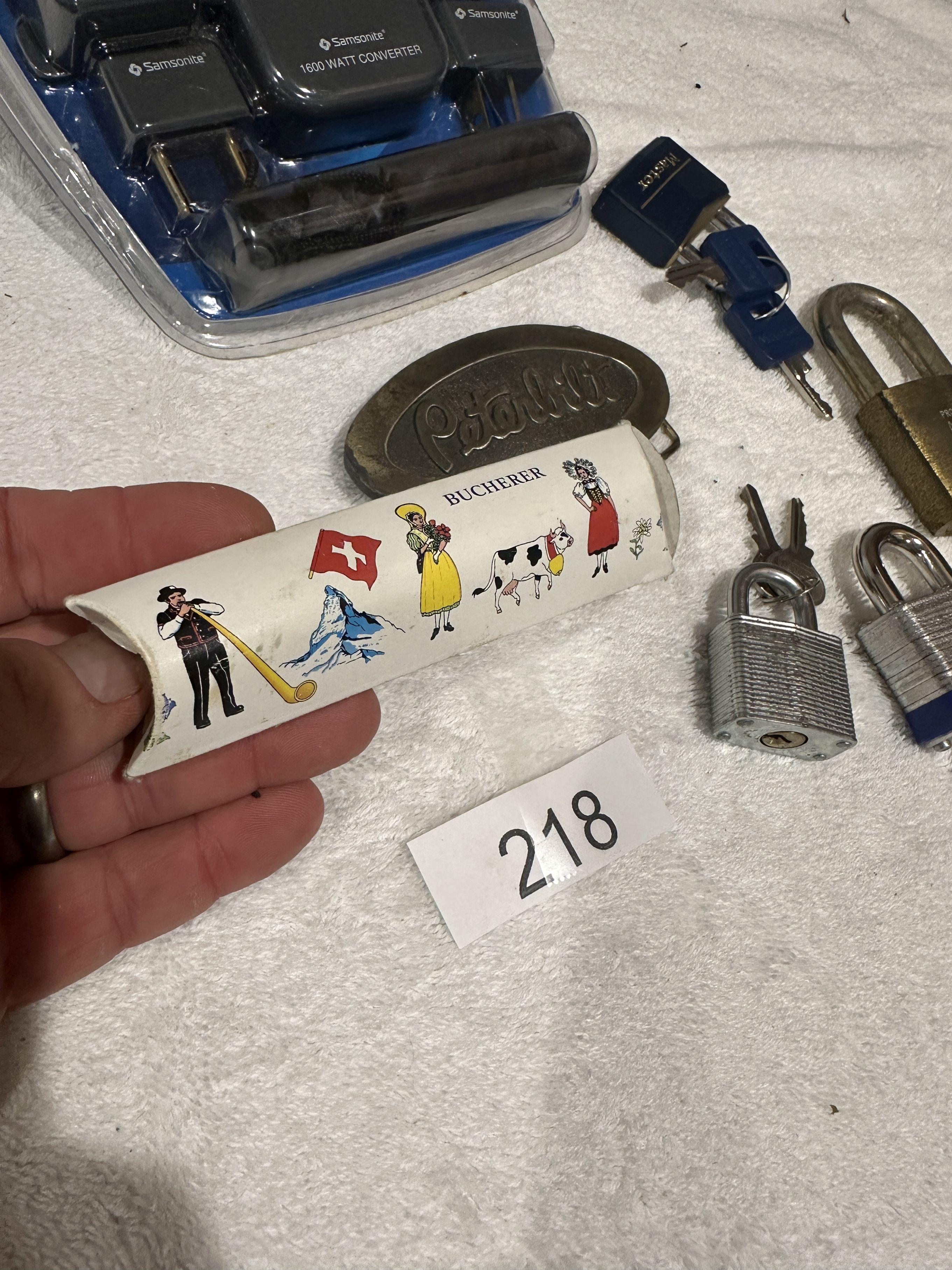 Box Lot/Pad Locks, ROLEX Spoons, Peterbilt Belt Buckle, ETC