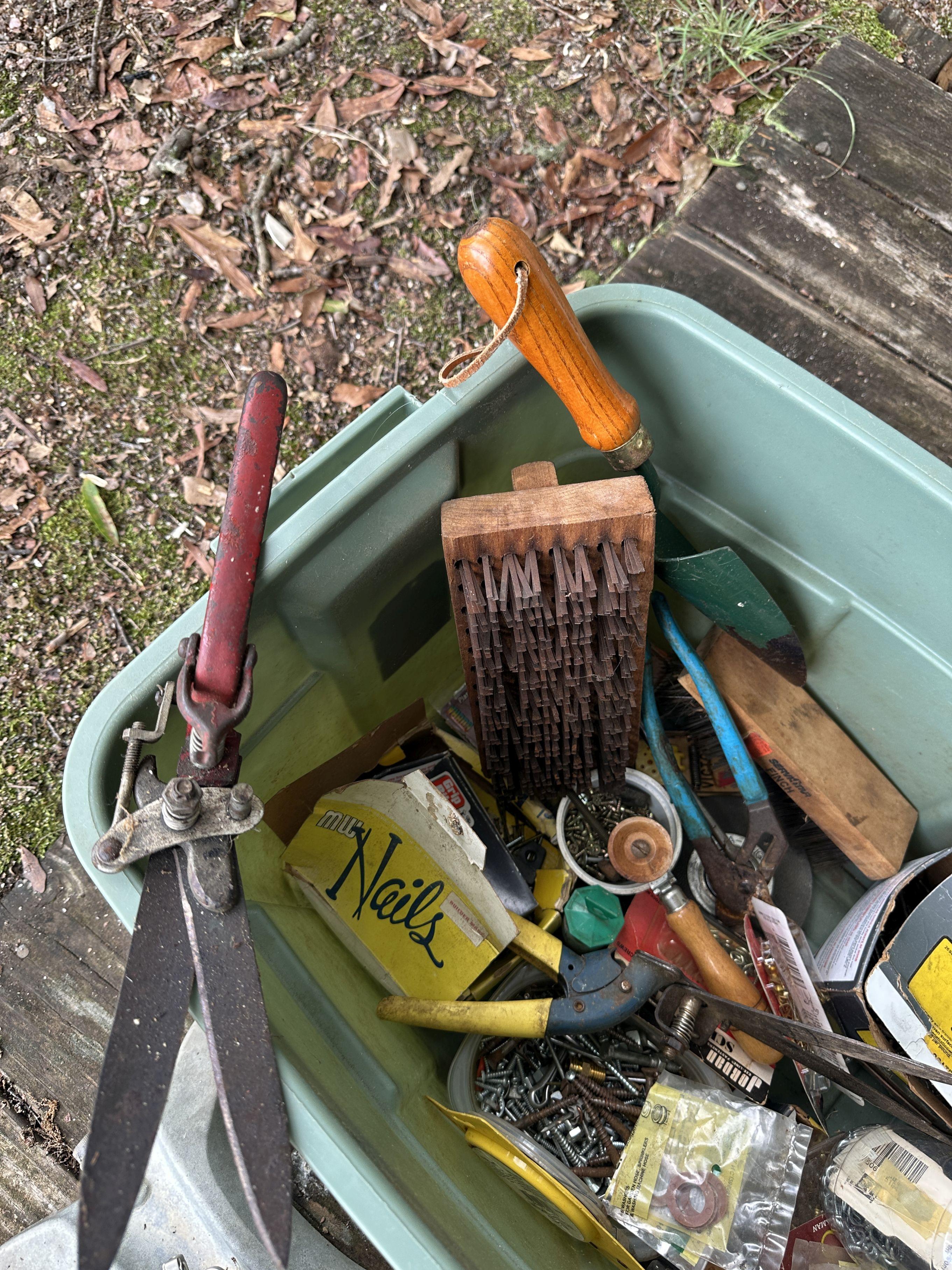 Green Tote Full of Misc Tools, Harware, Gardening Tools (Local Pick Up Only)