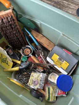 Green Tote Full of Misc Tools, Harware, Gardening Tools (Local Pick Up Only)