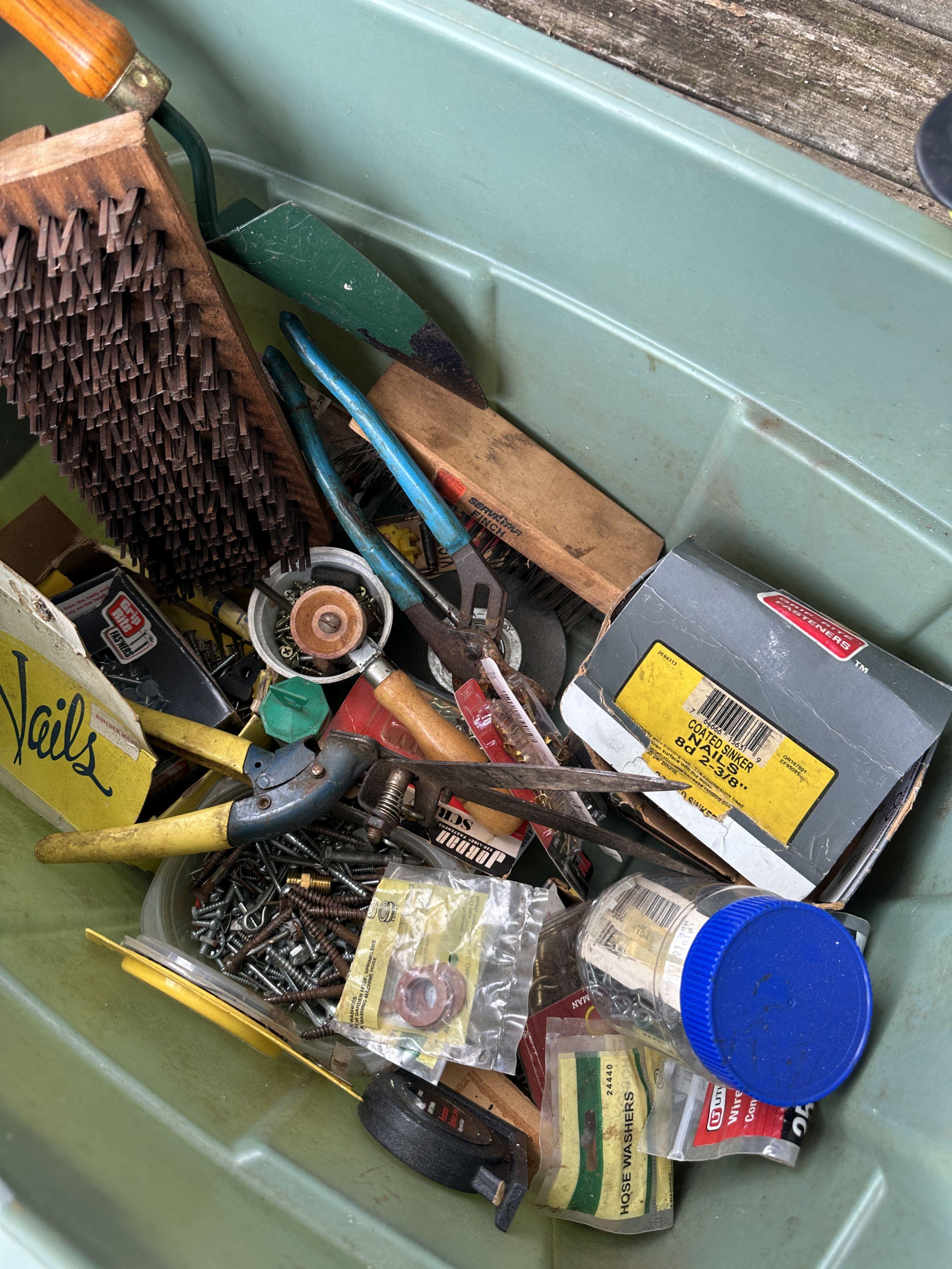 Green Tote Full of Misc Tools, Harware, Gardening Tools (Local Pick Up Only)