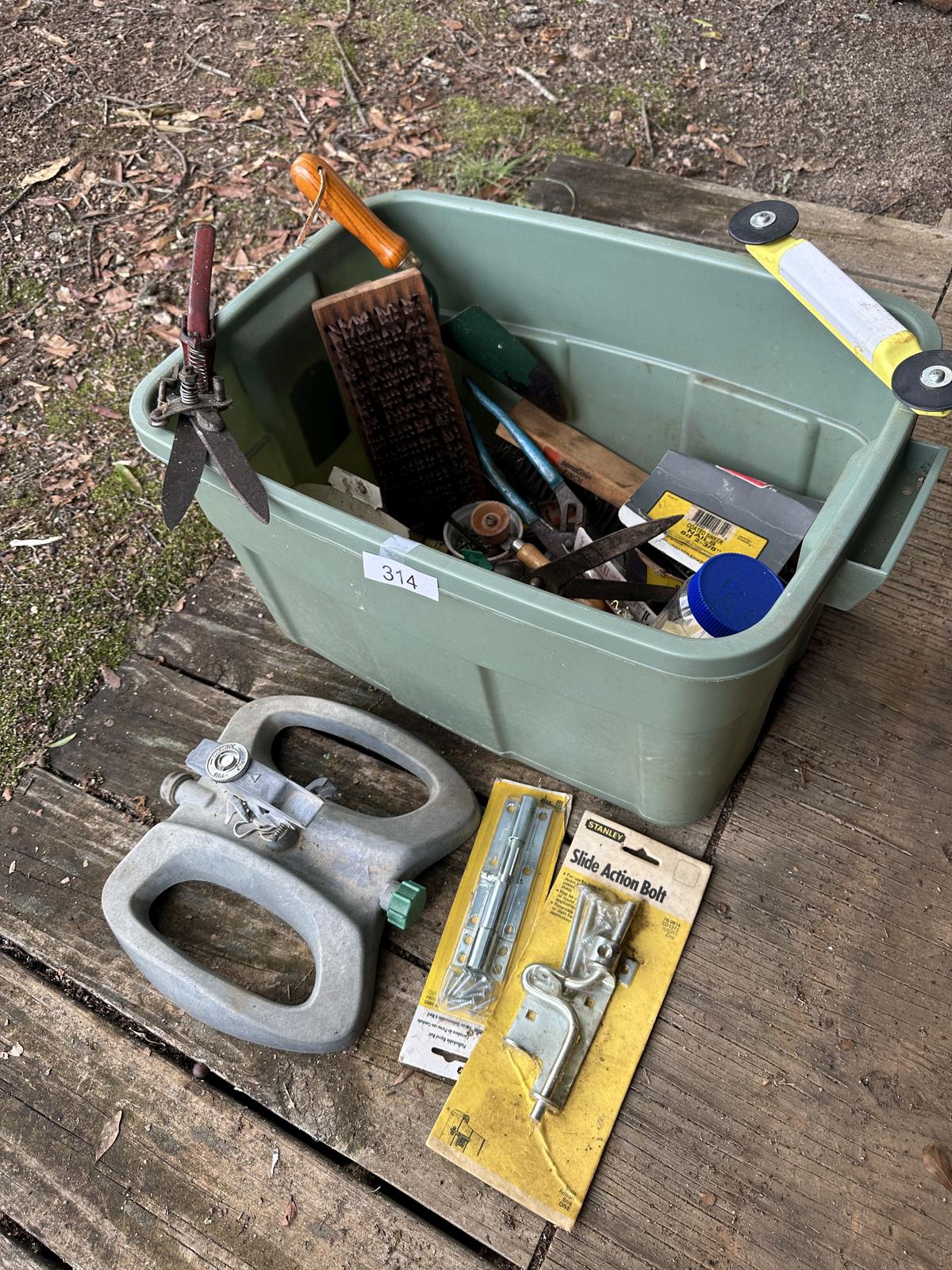 Green Tote Full of Misc Tools, Harware, Gardening Tools (Local Pick Up Only)