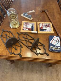 Box Lot/Décor Metal Sconces, Anniversary Clock, Walking Stick, ETC