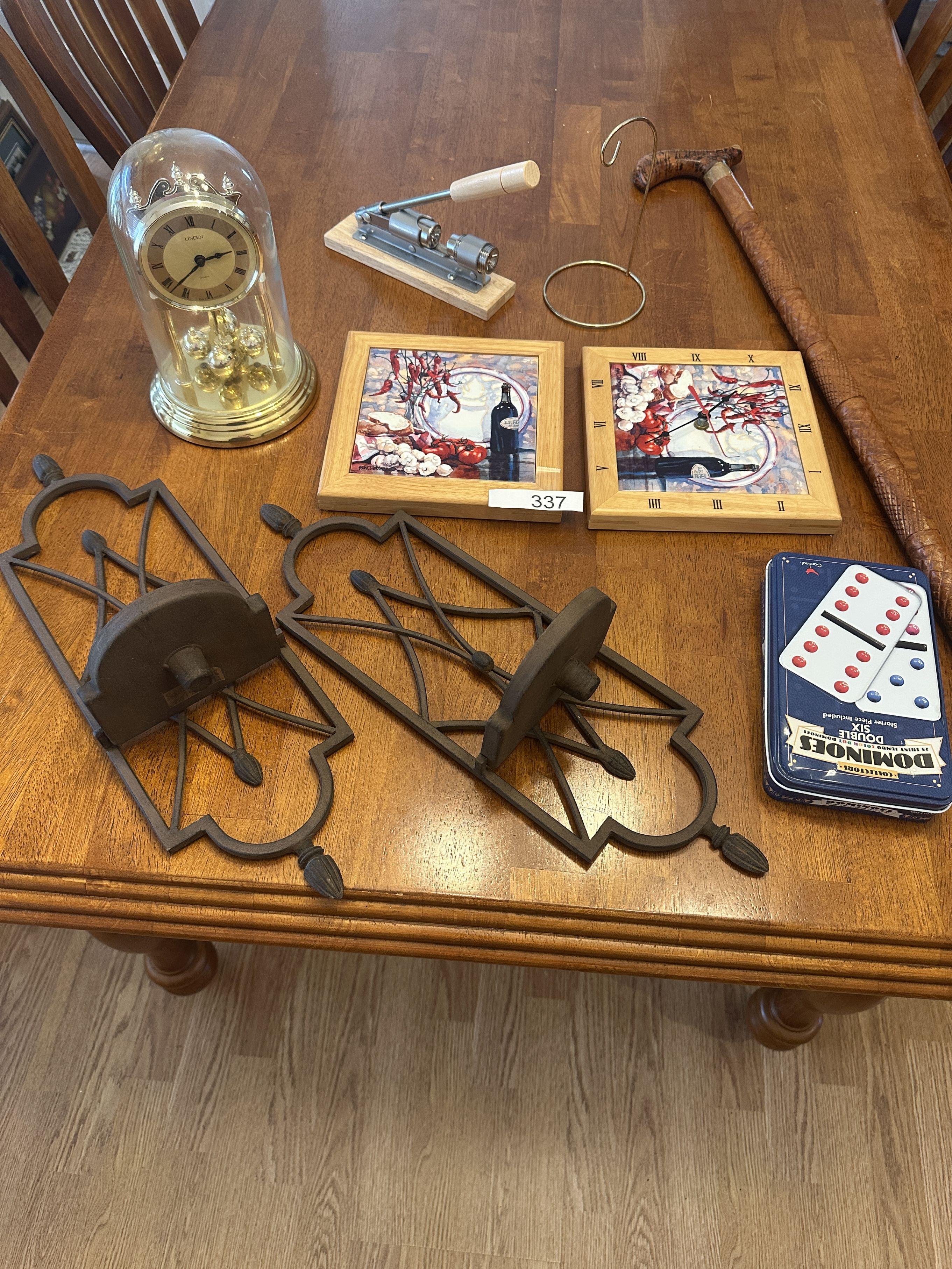 Box Lot/Décor Metal Sconces, Anniversary Clock, Walking Stick, ETC