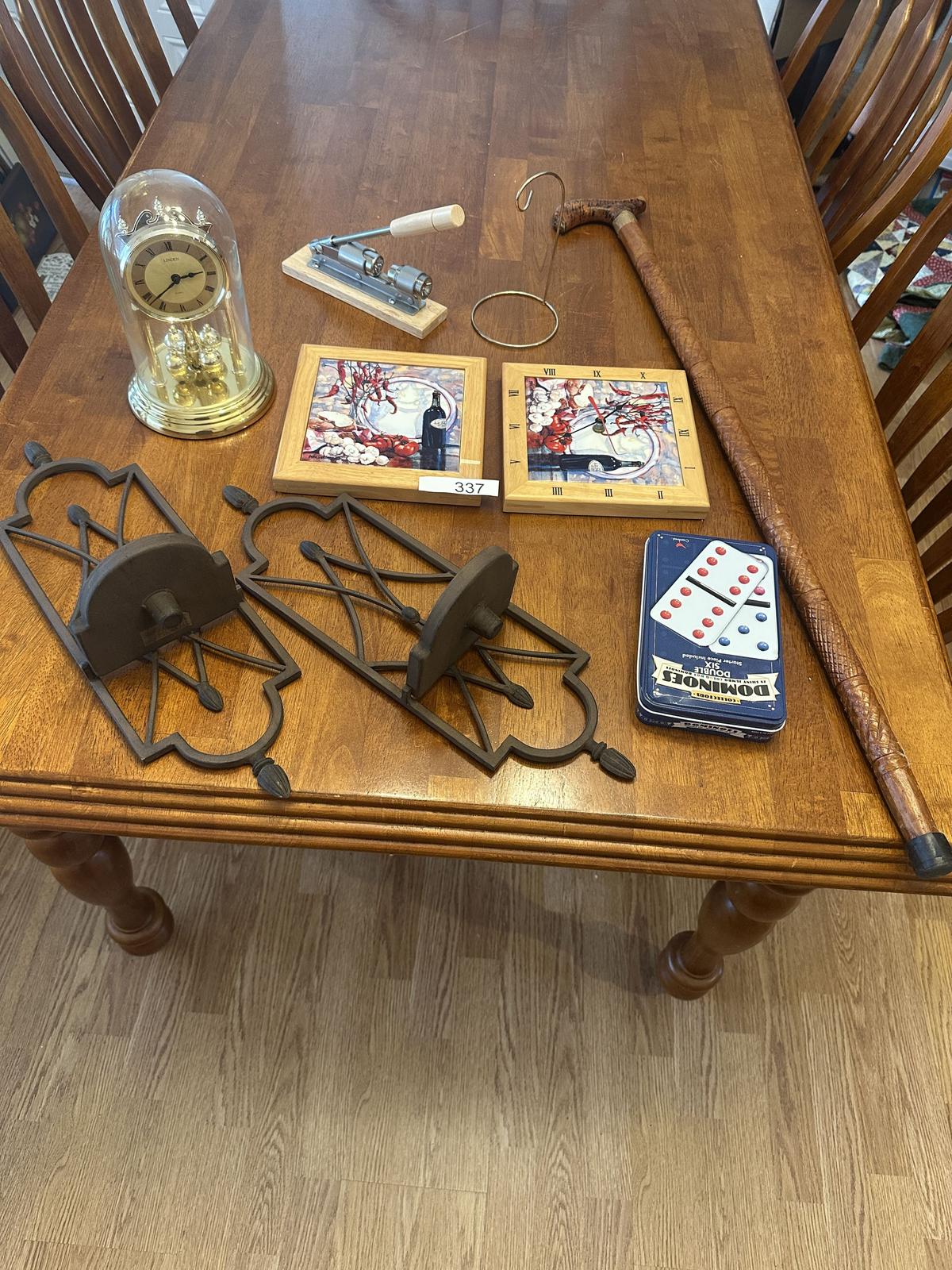 Box Lot/Décor Metal Sconces, Anniversary Clock, Walking Stick, ETC