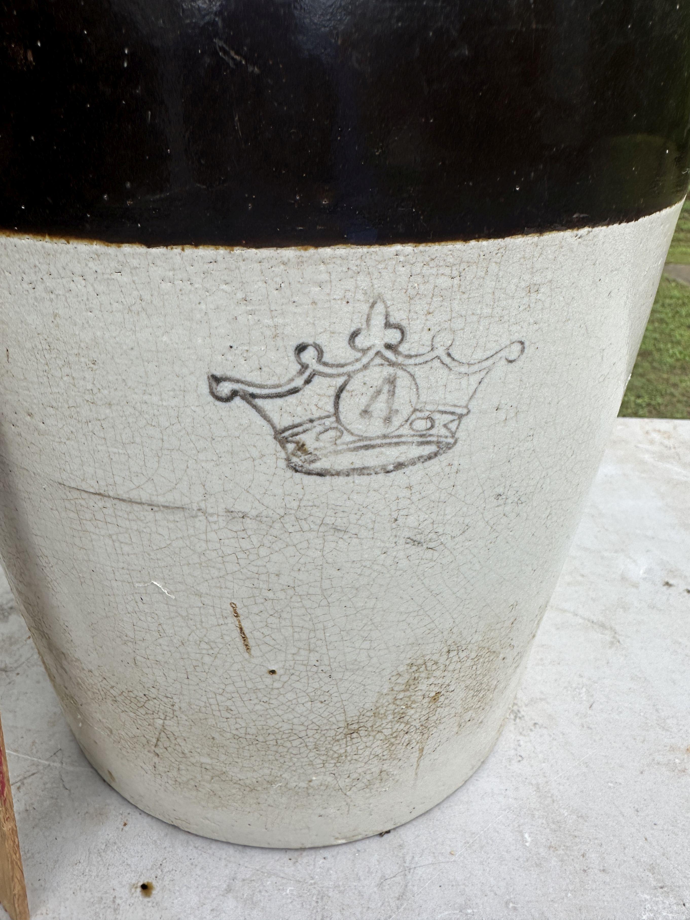 Approx 15 1/2 Inch Tall Vintage Crock Churn with 4 and Crown on it (Heavy)