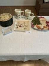 Box Lot/Christmas Plates, Mugs, Serving Tray, ETC