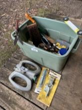 Green Tote Full of Misc Tools, Harware, Gardening Tools (Local Pick Up Only)