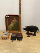 Box Lot/Décor Tin Pieces, Tray, Pig, ETC