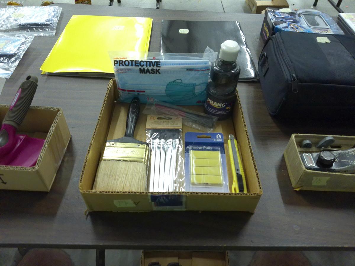 crafting lot, various paint brushes, box cutter, adhesive putty, bottle of black paint and a new pac