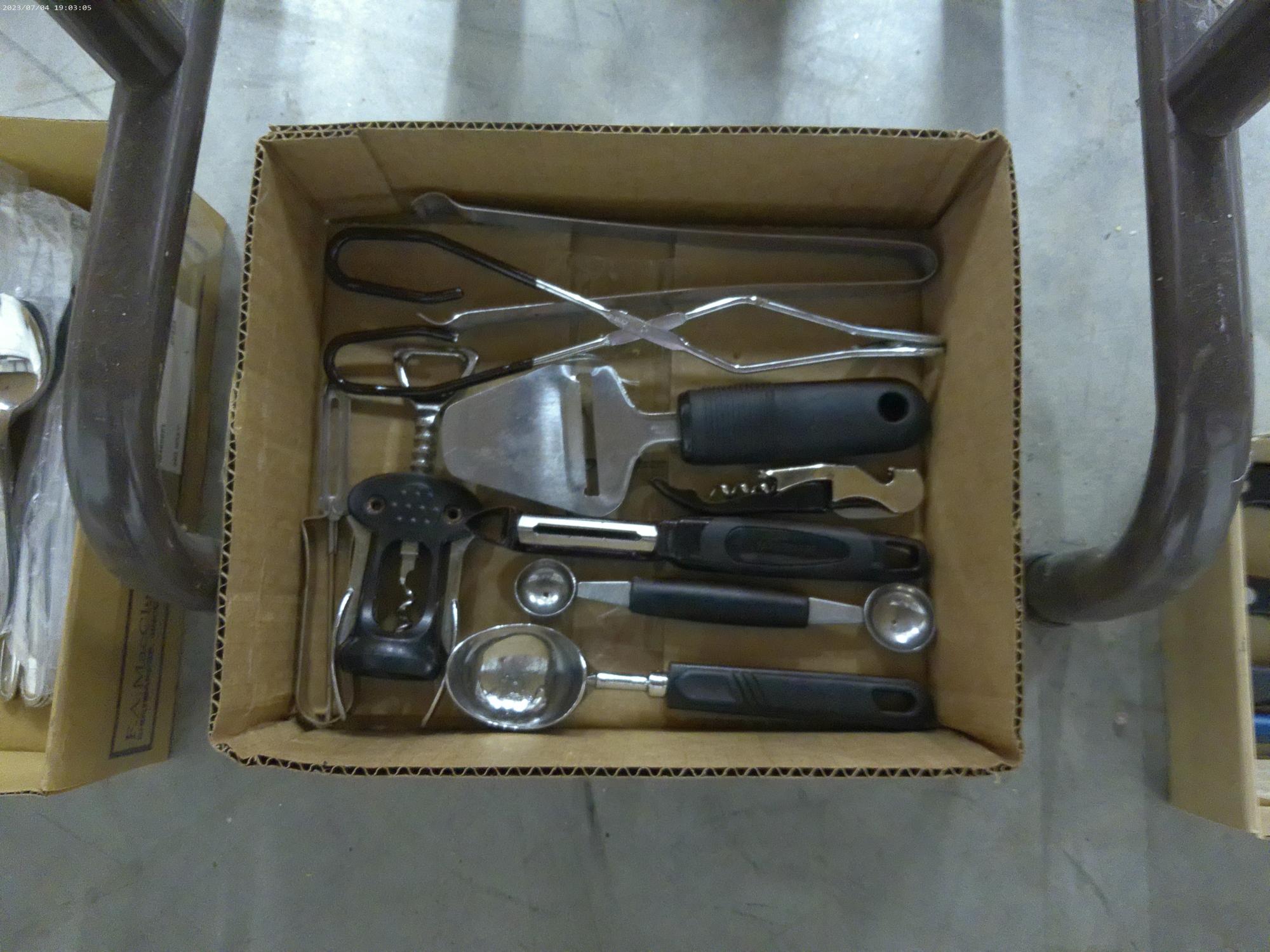 kitchen tools, nice assortment of stainless pieces with gipper handles