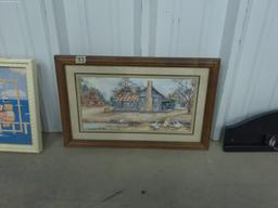 signed print, farm scene framed and matted 14x22 artist last name is freeman