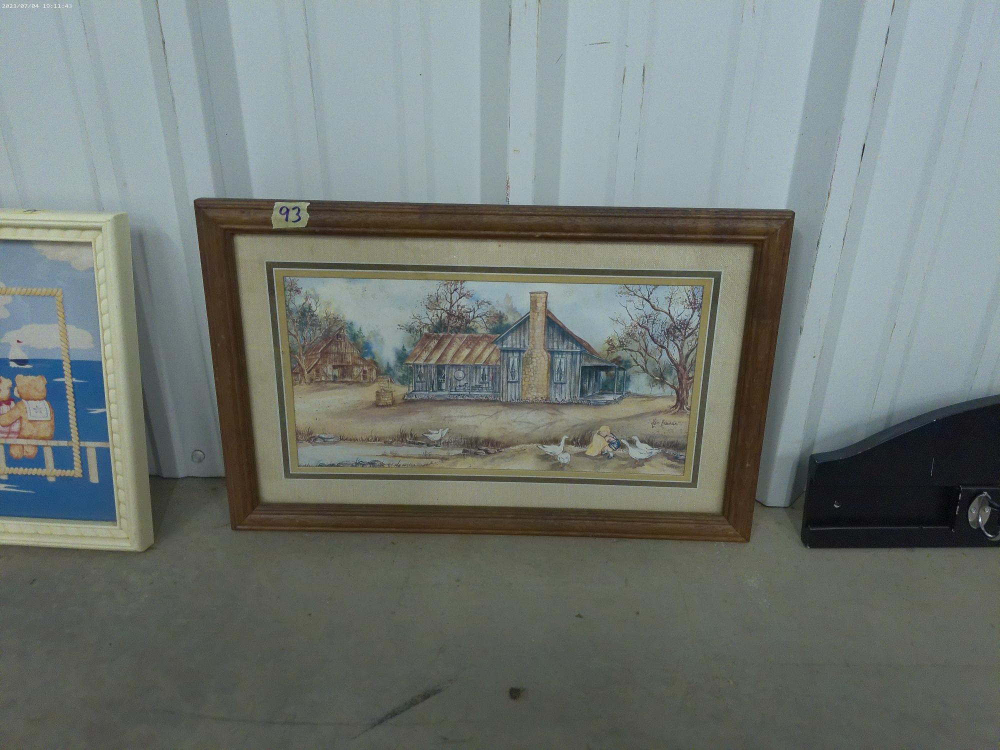 signed print, farm scene framed and matted 14x22 artist last name is freeman