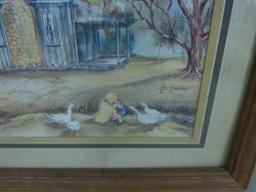 signed print, farm scene framed and matted 14x22 artist last name is freeman