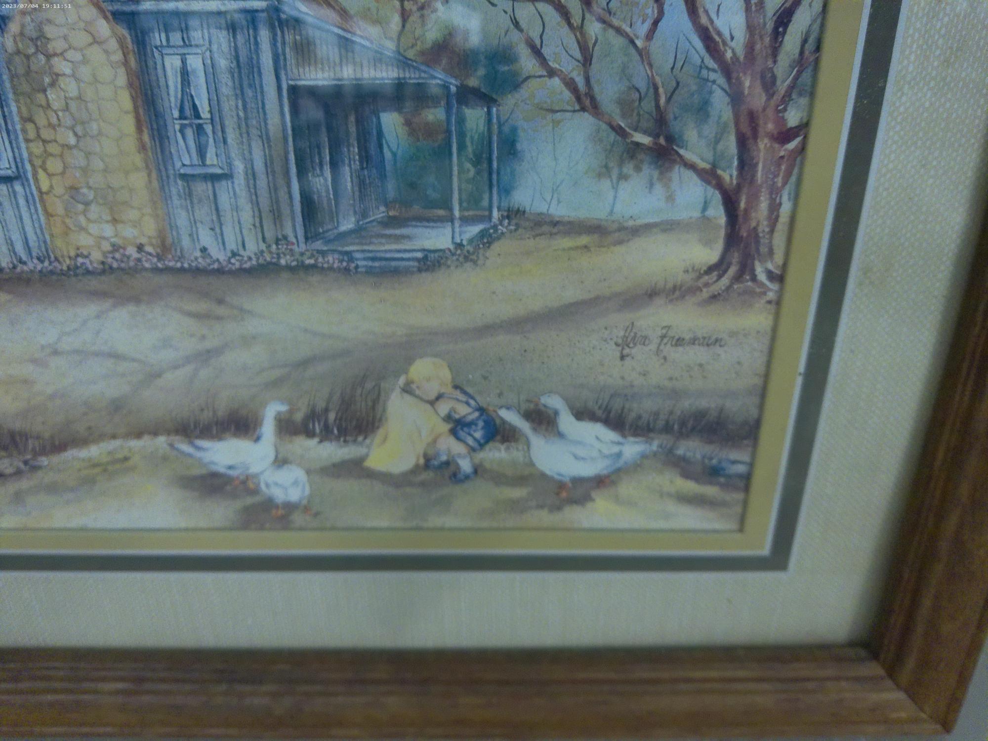 signed print, farm scene framed and matted 14x22 artist last name is freeman